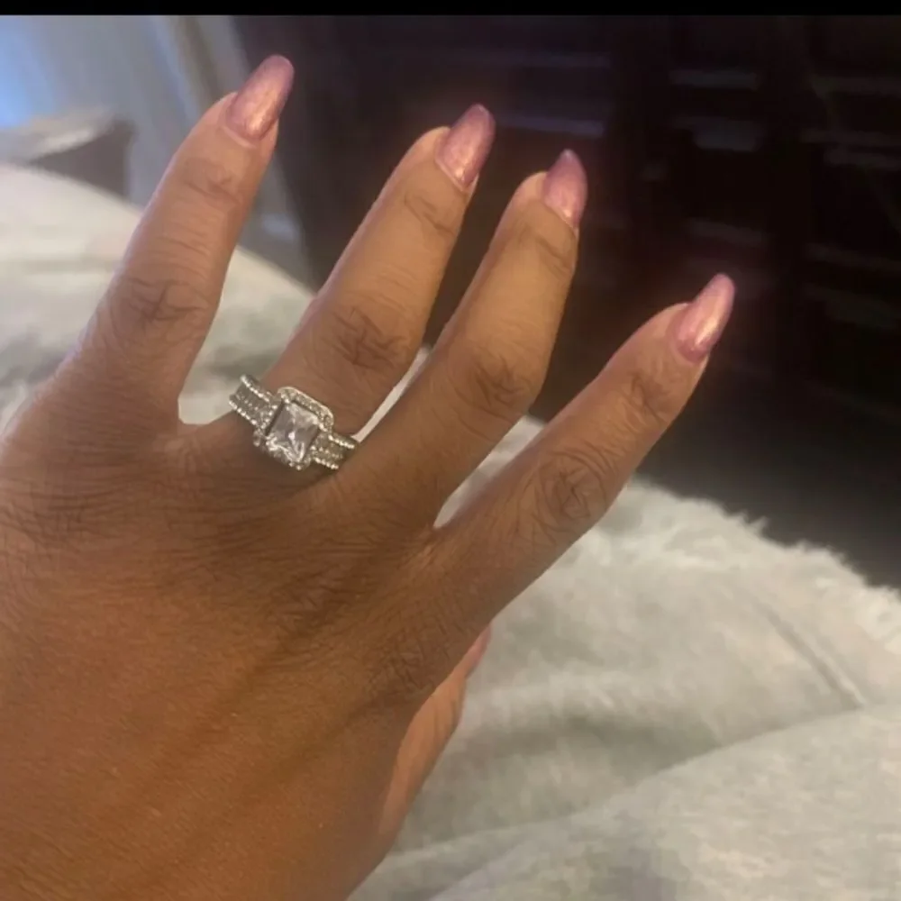 Emerald Cut  & Baguette Diamond Halo Sterling Wedding Engagement Ring
